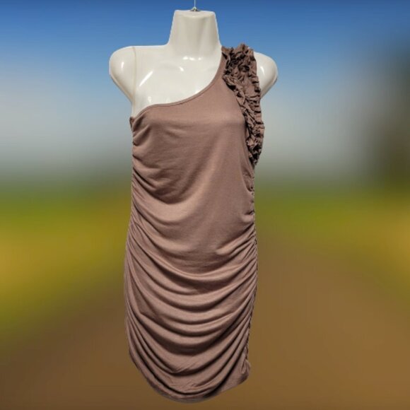 ONE Shoulder Body Con Brown Dress Mini Ruched Ruffle  Size L - Picture 5 of 8